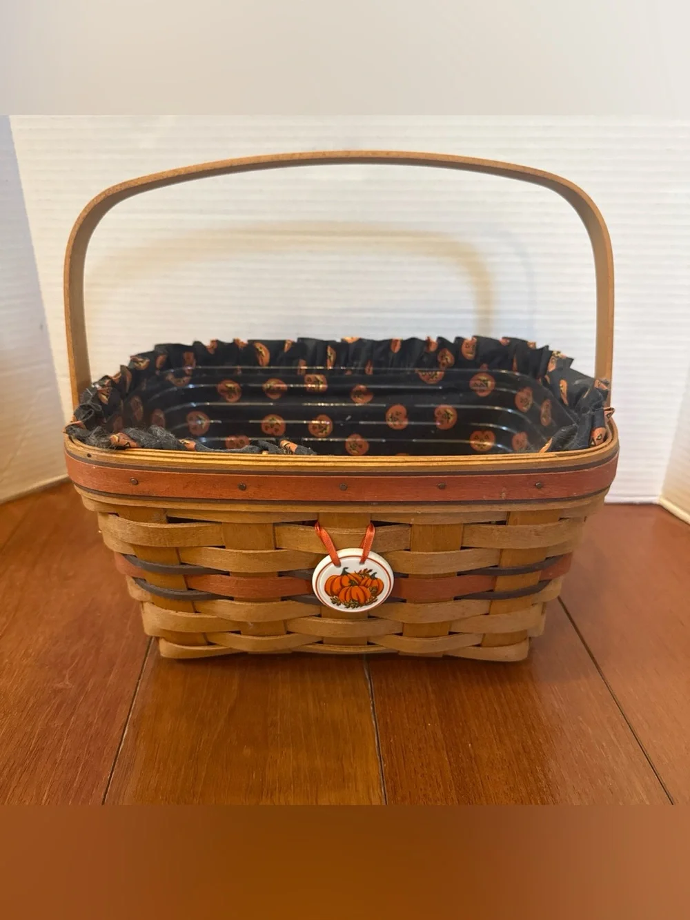 VTG 1994 Longaberger Halloween Boo Swing Handled Basket w/ Pumpkin Fabric Liner